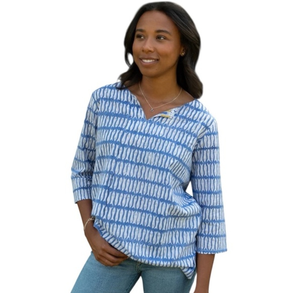 Lime Tree Design England cotton blue fish tunic top blouse M/L